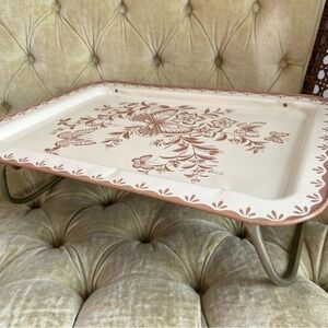 Vintage LAVADA Metal Lap Bed Tray Folding Legs Beige Brown Floral Butterflies
